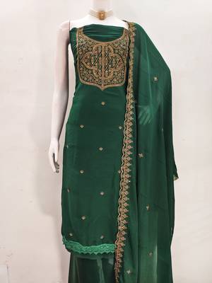 Women's green embroiderd georgette dress material 2