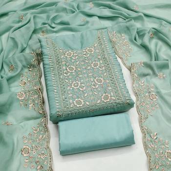 Women's sea green embroiderd georgette dress material 1