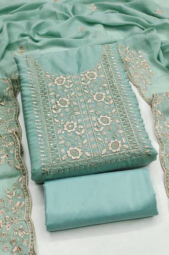 Women's sea green unstitched embroiderd georgette dress material 
