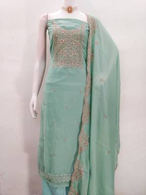 Women's sea green embroiderd georgette dress material 2