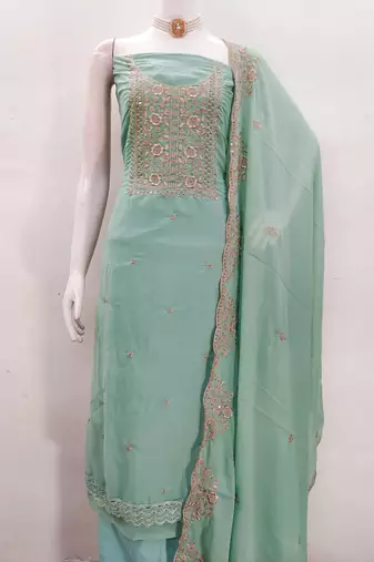Women's sea green embroiderd georgette dress material
