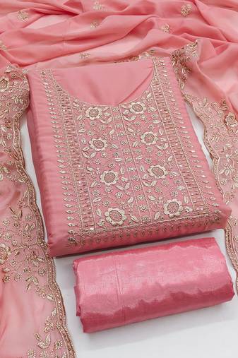 Women's pink unstitched embroiderd georgette dress material 