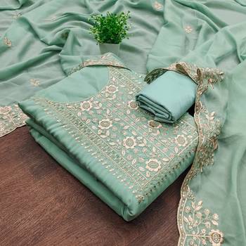 Women's sea green embroiderd georgette dress material 3