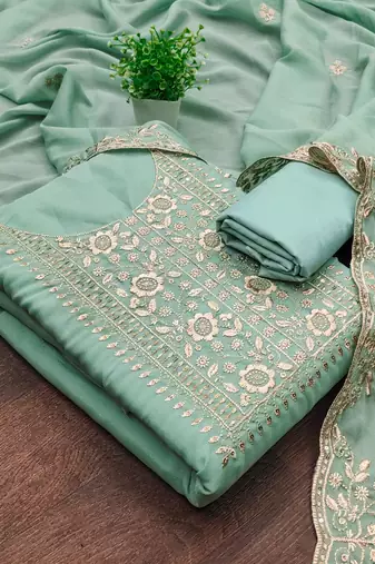 Women's sea green embroiderd georgette dress material