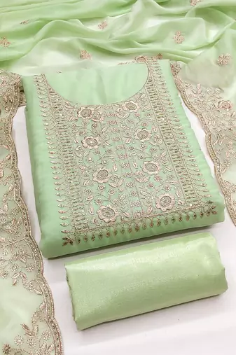 Women's light green unstitched embroiderd georgette dress material 