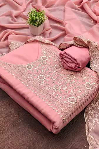 Women's pink embroiderd georgette dress material