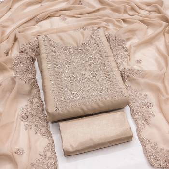 Women's beige embroiderd georgette dress material 1