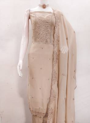 Women's beige embroiderd georgette dress material 2