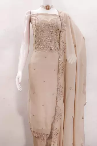 Women's beige embroiderd georgette dress material