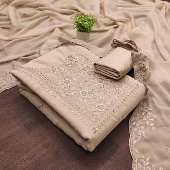 Women's beige embroiderd georgette dress material 3