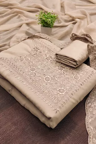Women's beige embroiderd georgette dress material
