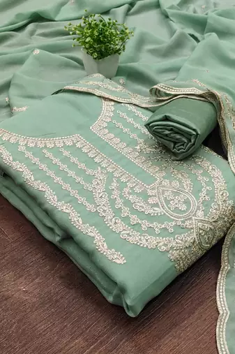 Women's sea green embroiderd georgette dress material