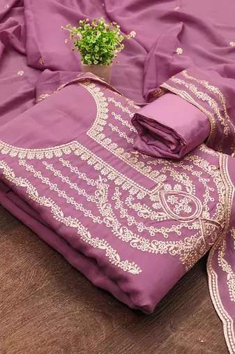 Women's purple embroiderd georgette dress material