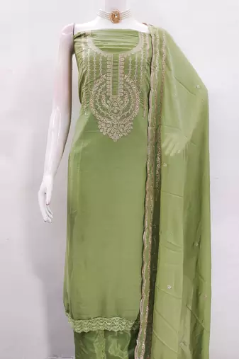 Women's green embroiderd georgette dress material
