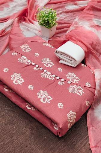 Women's pink unstitched printed slub cotton dress material 
