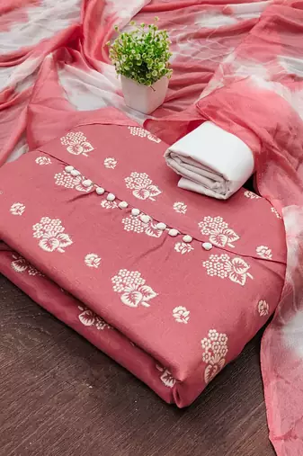 Women's pink unstitched printed slub cotton dress material 