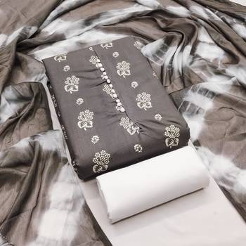 Women's grey printed slub cotton dress material 1