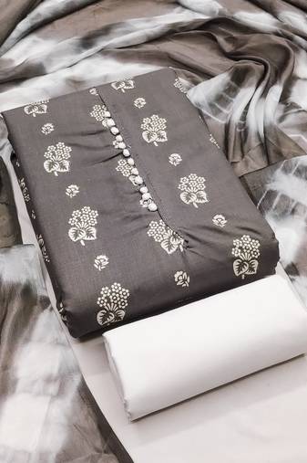 Women's grey unstitched printed slub cotton dress material 