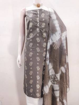 Women's grey printed slub cotton dress material 2