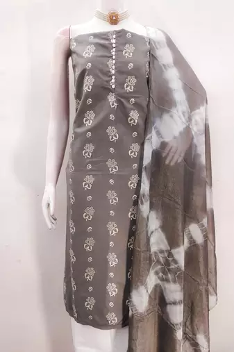 Women's grey printed slub cotton dress material