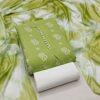 Women's green printed slub cotton dress material 1