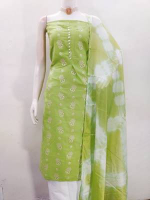 Women's green printed slub cotton dress material 2