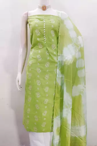 Women's green printed slub cotton dress material