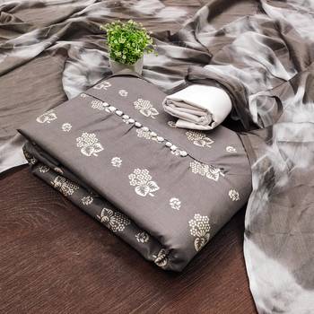 Women's grey printed slub cotton dress material 3