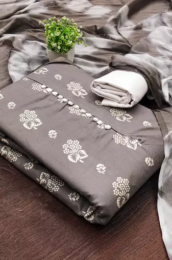 Women's grey printed slub cotton dress material