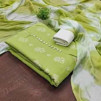 Women's green printed slub cotton dress material 3