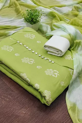 Women's green printed slub cotton dress material