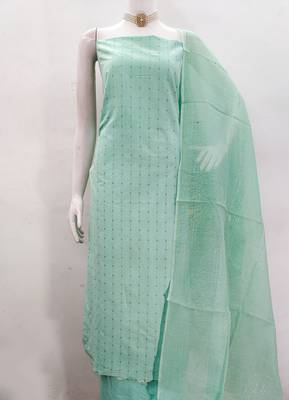 Women's sea green woven cotton jacquard dress material 2