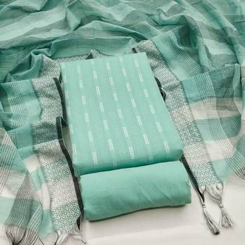 Women's sea green woven cotton jacquard dress material 1