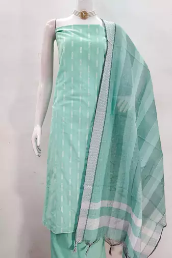 Women's sea green woven cotton jacquard dress material