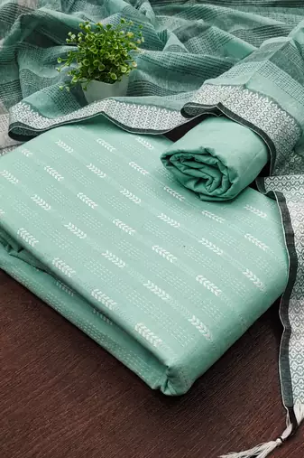 Women's sea green woven cotton jacquard dress material