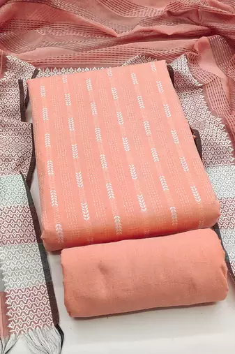 Women's peach unstitched woven cotton jacquard dress material 