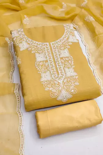 Women's yellow unstitched embroiderd cranchi silk dress material 