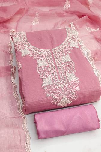 Women's pink unstitched embroiderd cranchi silk dress material 