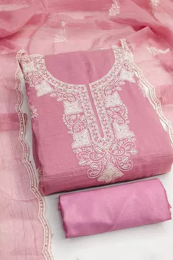 Women's pink unstitched embroiderd cranchi silk dress material 