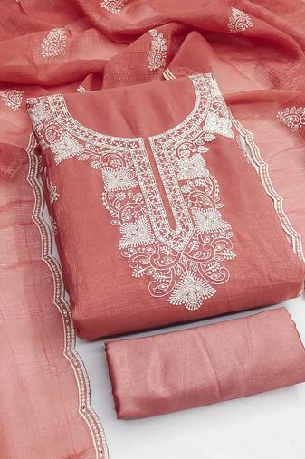 Women's peach unstitched embroiderd cranchi silk dress material 