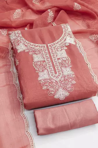 Women's peach unstitched embroiderd cranchi silk dress material 