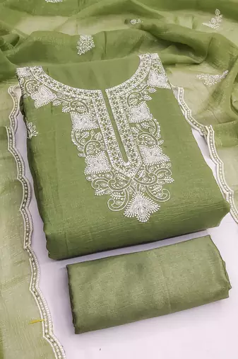 Women's green unstitched embroiderd cranchi silk dress material 