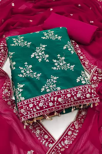 Women's green unstitched embroiderd zomata silk dress material 