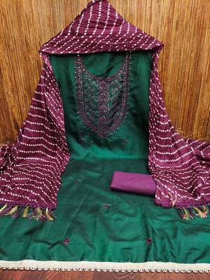 Women's green embroiderd cotton dress material 3