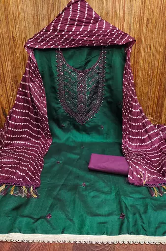 Women's green embroiderd cotton dress material