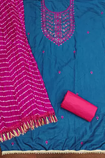 Women's blue embroiderd cotton dress material