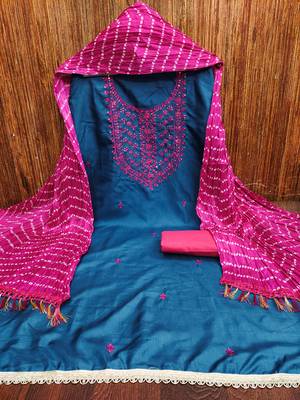 Women's blue embroiderd cotton dress material 3