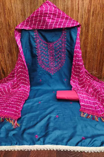 Women's blue embroiderd cotton dress material