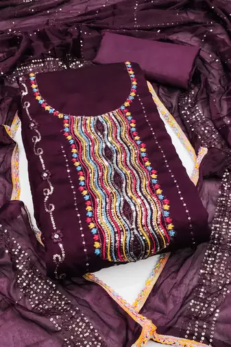 Women's purple unstitched embroiderd vichitra silk dress material 