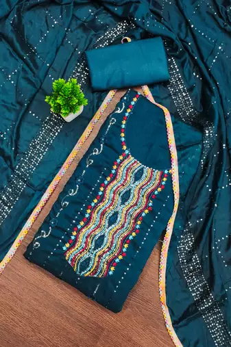 Women's teal blue embroiderd vichitra silk dress material